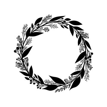 Hand Drawn Black Silhouette Floral Wreath Frame with Leaves and Berries