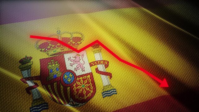 Spain Flag with Red Financial Graph Chart &ndash; Economic Decline, Market Crisis and Recession Concept
