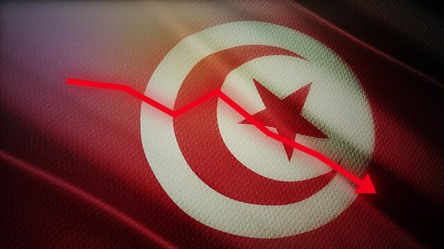 Tunisia Flag with Red Financial Graph Chart &ndash; Economic Decline, Inflation and Market Crisis Concept
