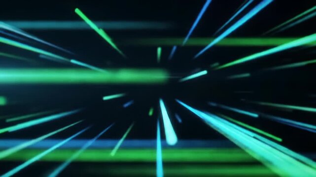 abstract wide-angle video of luminous electric green to sapphire blue horizontal lines rapidly streaking across an inky black void with a dolly forward and subtle lens flare, futuristic data