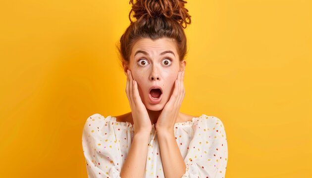 Surprised woman expressing shock and disbelief with hands on her face against a bright yellow background
