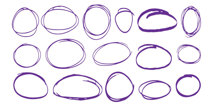 Set of hand drawn circles and ovals in messy pencil sketch style for design elements