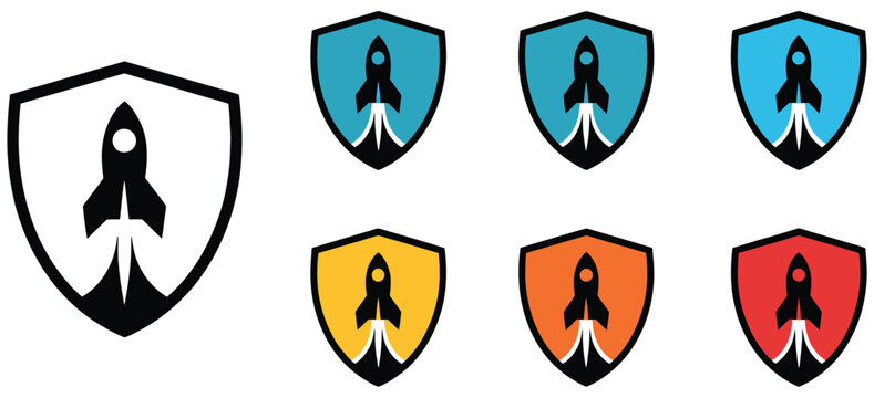 Rocket and shield emblem collection, launch protection and performance status icons, achievement ranking system with progress and hierarchy symbols, simple modern vector design for UI and gamification