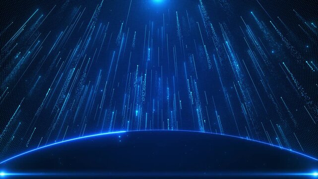 Futuristic Blue digital data rain globe light streams, dotted matrix texture, horizon glow, cyber space. AI videos, global networks, data dashboards, science intros, security visuals, tech overlays.