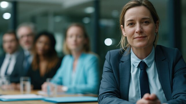 Diverse interview panel listening attentively in modern conference room