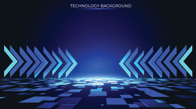 Futuristic fluid arrows against a tech background, with a floor featuring a blue glow stimulating big data transmission. Luminous directional flows and hypnotic cyber effects. Visuals of data