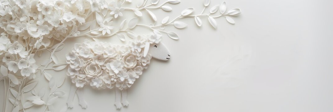 Soft aesthetic Eid al Adha background featuring a sheep made of layered flowers, light monochrome palette and modern minimal layout
