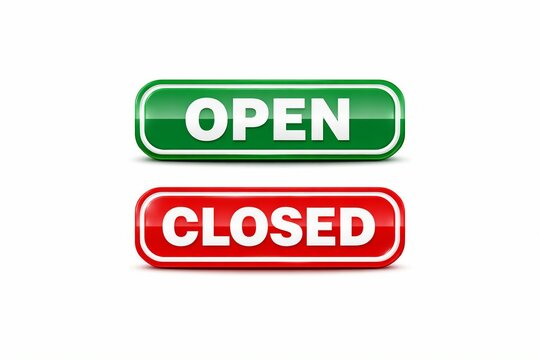 Open and closed neon sign buttons with green and red colors