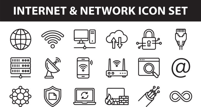 Internet and network icon set featuring digital communication symbols isolated on transparent background for web design projects