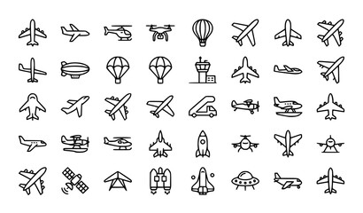 Aviation and air transport icon set, airplane and flight symbols collection. © MstNadiya