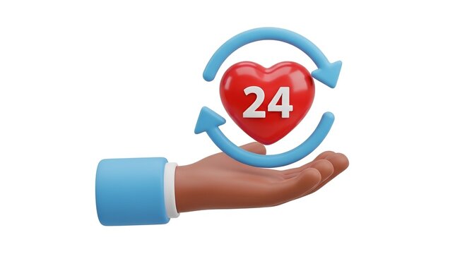hand holding 24 hour love support symbol with heart and clock for customer service and care concept