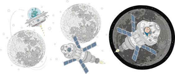 Scientific spacecraft, Moon and UFO with funny an alien, a set of vector cartoon illustrations on a white background © Alexey Bannykh