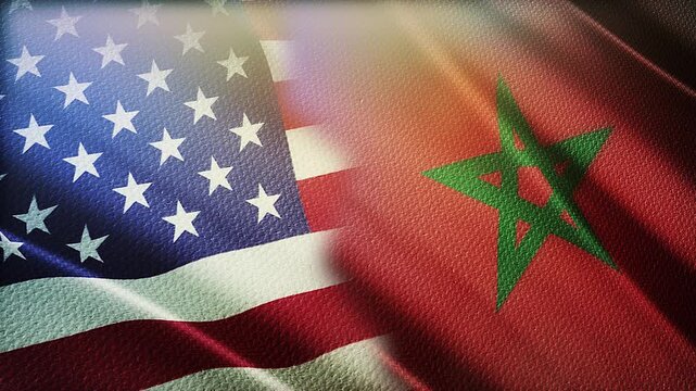 USA and Morocco Flags Waving Side by Side in Wind &ndash; Diplomacy, International Relations and Strategic Partnership
