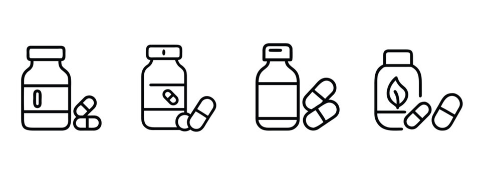 Medicine bottle and capsules web line icons set healthcare drug bottle medical antibiotic capsules pharmacy supplement jar herbal vitamin pills & more vector illustration with editable stroke