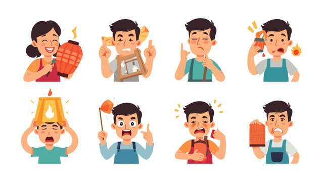Facial Expressions Demonstrating Various Emotions: A compilation of illustrations showcasing an array of human expressions, ranging from elation and surprise to frustration and discomfort.