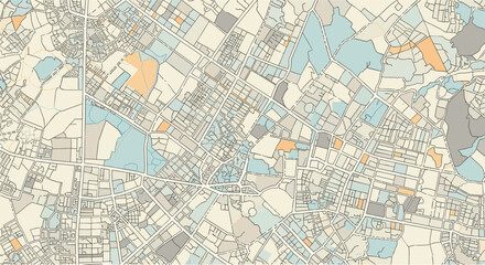 Obraz premium Minimalist city map illustration depicting urban blocks and streets in a simplified palette of beige, blue, and orange.