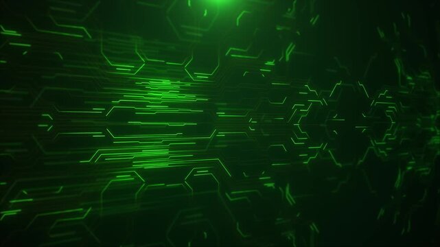 Green circuit technology background glowing paths, dark electronic board depth, futuristic network lines. cyber security videos, coding intros, software promos, hardware visuals, and tech overlays.