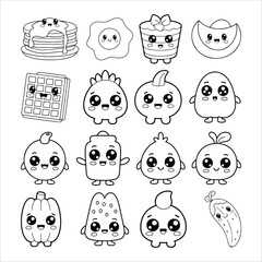 Fototapeta premium Cute Kawaii Food Characters, Breakfast, and Fruit Cartoon Doodle Set