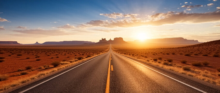 An empty straight asphalt highway with a yellow centerline stretches toward a bright sunrise on the horizon, surrounded by arid desert terrain with low shrubs and distant mesas under a partly cloudy s