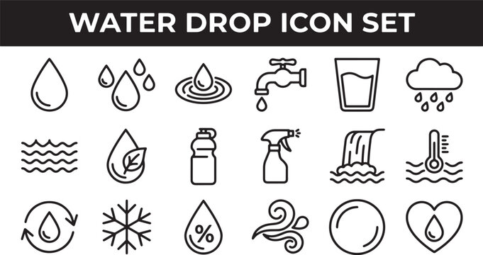 Water drop icon set featuring liquid symbols and weather elements isolated on transparent background vector illustration