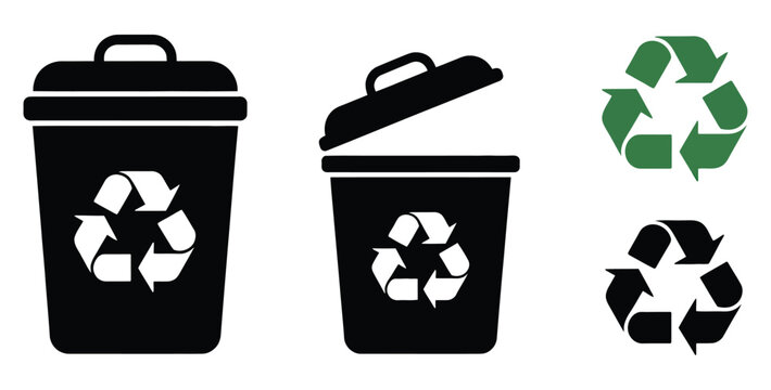 Recycling icon illustration, hand placing waste into trash bin with recycle symbols, environmental protection concept, waste sorting and management, eco-friendly sustainability vector design.