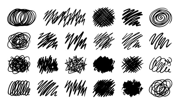 Collection of hand-drawn scribbles, ink blotches, and messy circular sketches.
