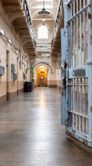 Fototapeta premium Arched corridor with a weathered blue door, historic architecture, interior passage, travel atmosphere, heritage design.