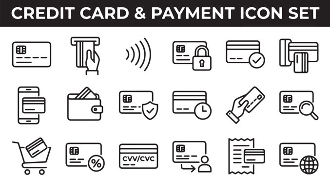 Credit card and payment icon set featuring financial transaction symbols isolated on transparent background vector illustration