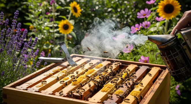 beekeeper smoking hive in garden with sunflowers and flowers