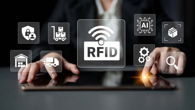 A businessman using a tablet device highlights RFID technology and its applications in logistics, security, and management. Icons illustrate modern digital solutions for efficient workflows. Ledger