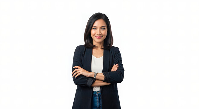 A confident and smiling Asian woman with dark hair, wearing a dark blazer and jeans, stands with arms crossed against a clean white background.