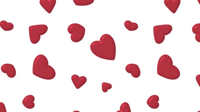 Red hearts are falling and fluttering on a white background. Animated abstract background.