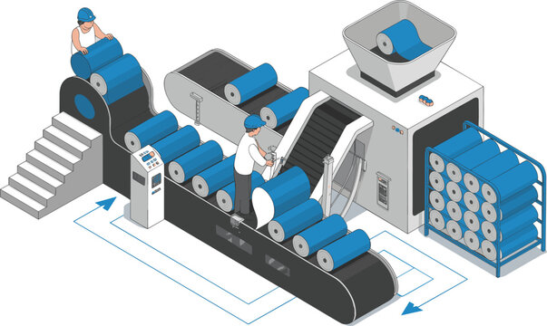 Isometric industrial production line with workers conveyor system and material roll manufacturing process