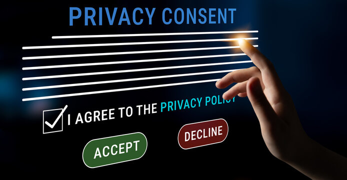 Digital Consent Form with User Agreement, Finger Touching Accept Button and Decline Option, Privacy Policy Concept for Online Services and Applications Haptic.