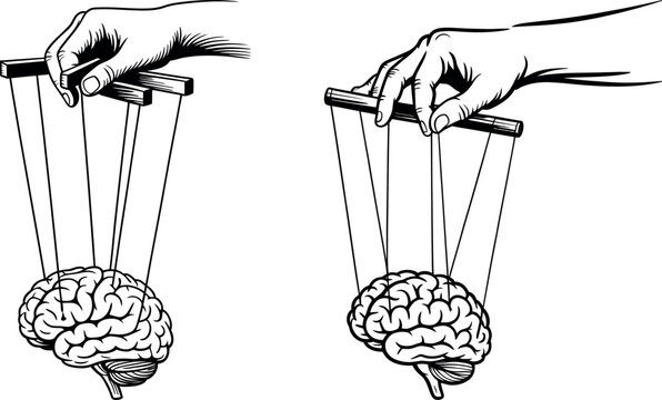 Hands controlling human brain with puppet strings representing mind control and manipulation vector illustration hidden agenda puppet master