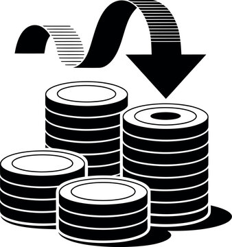 Financial decline or cost reduction concept with stacks of coins and downward trending arrow vector illustration financial decrease investment