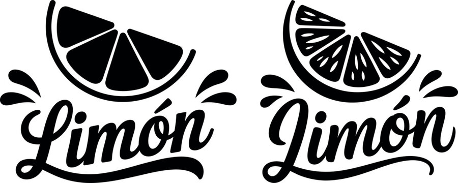 Stylized lim&oacute;n text logo with fresh lemon slice and splashes vector illustration refreshing beverage illustration typography