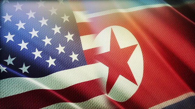 USA and North Korea Flags Waving Side by Side in Wind &ndash; Geopolitical Tension, Diplomacy and International Relations
