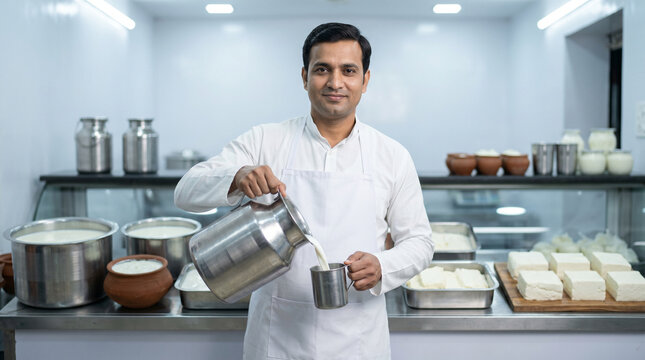 Indian Dairy Worker Pouring Fresh Milk in Hygienic Dairy Processing Unit with Paneer