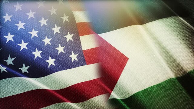 USA and Palestine Flags Waving Side by Side in Wind &ndash; Diplomacy, Middle East Relations and International Politics
