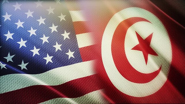 USA and Tunisia Flags Waving Side by Side in Wind &ndash; Diplomacy, International Relations and Partnership Concept

