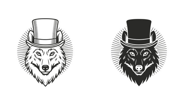 Sophisticated wolf wearing top hat outline and solid silhouette for vintage branding