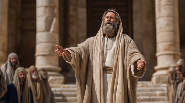 Jeremiah standing at the entrance of the temple in jerusalem raising his voice toward worshippers entering with offerings under harsh daylight and tension-filled confrontation.