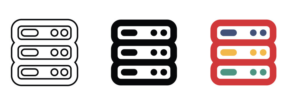 Server rack database storage icons in outline solid and multicolor vector styles for modern computer network infrastructure.