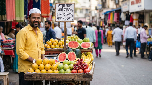 Smiling Muslim Indian fruit vendor in yellow kurta selling mango, watermelon and pomegranate from street cart with Hindi price sign, busy Indian bazaar