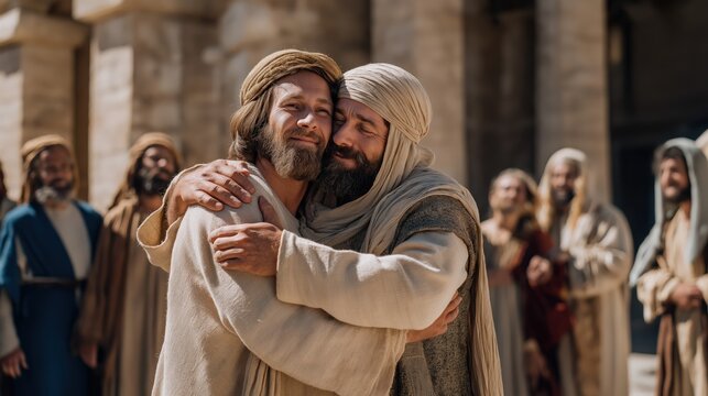 A joyful reunion scene of jacob and joseph embracing inside an egyptian courtyard surrounded by family under warm sunlight, expressing love and fulfillment of promise.