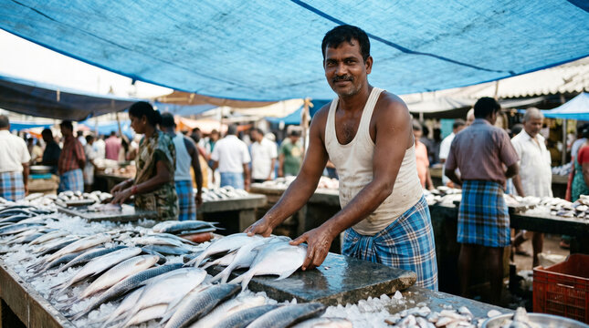 Indian fisherman selling fresh fish on ice at busy outdoor seafood market stall, South Asian male vendor at traditional fish bazaar, Kerala India