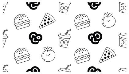 Fototapeta premium Food vector pattern seamless design with burgers pizza fruits drinks