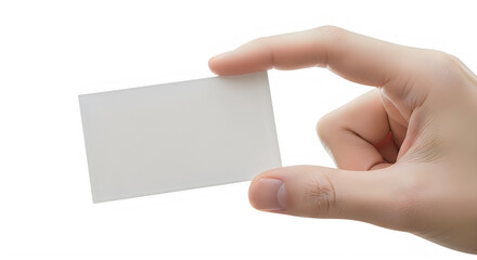 Obraz premium Blank business card held by hand, white paper mockup for corporate identity, professional person holding empty name card for branding isolated on White Background