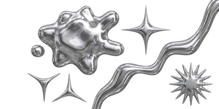 Set of abstract chrome liquid shapes and metallic star elements for modern graphic design